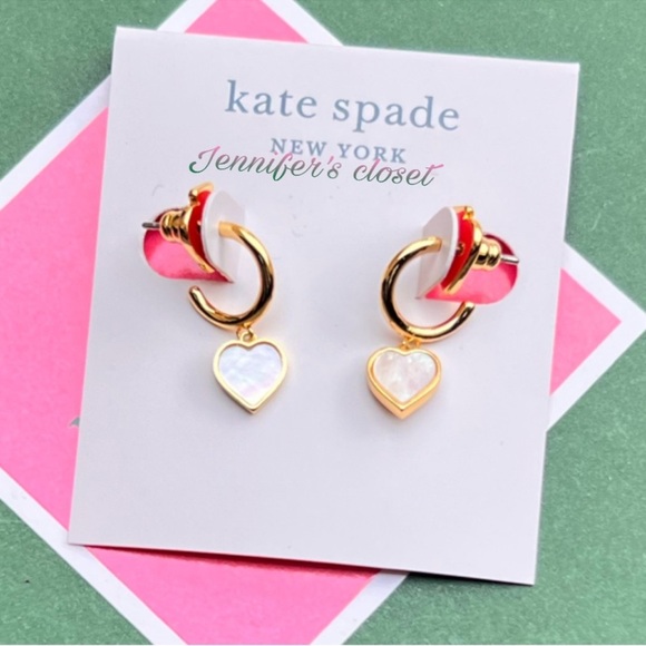 Kate Spade Mother Of Pearl Heart Charm Drop Huggie Earrings NWT - Picture 3 of 5